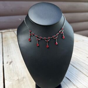 Claire's Bib Necklace Women OS Red Gunmetal Goth Vampire Teardrop Rhinestone